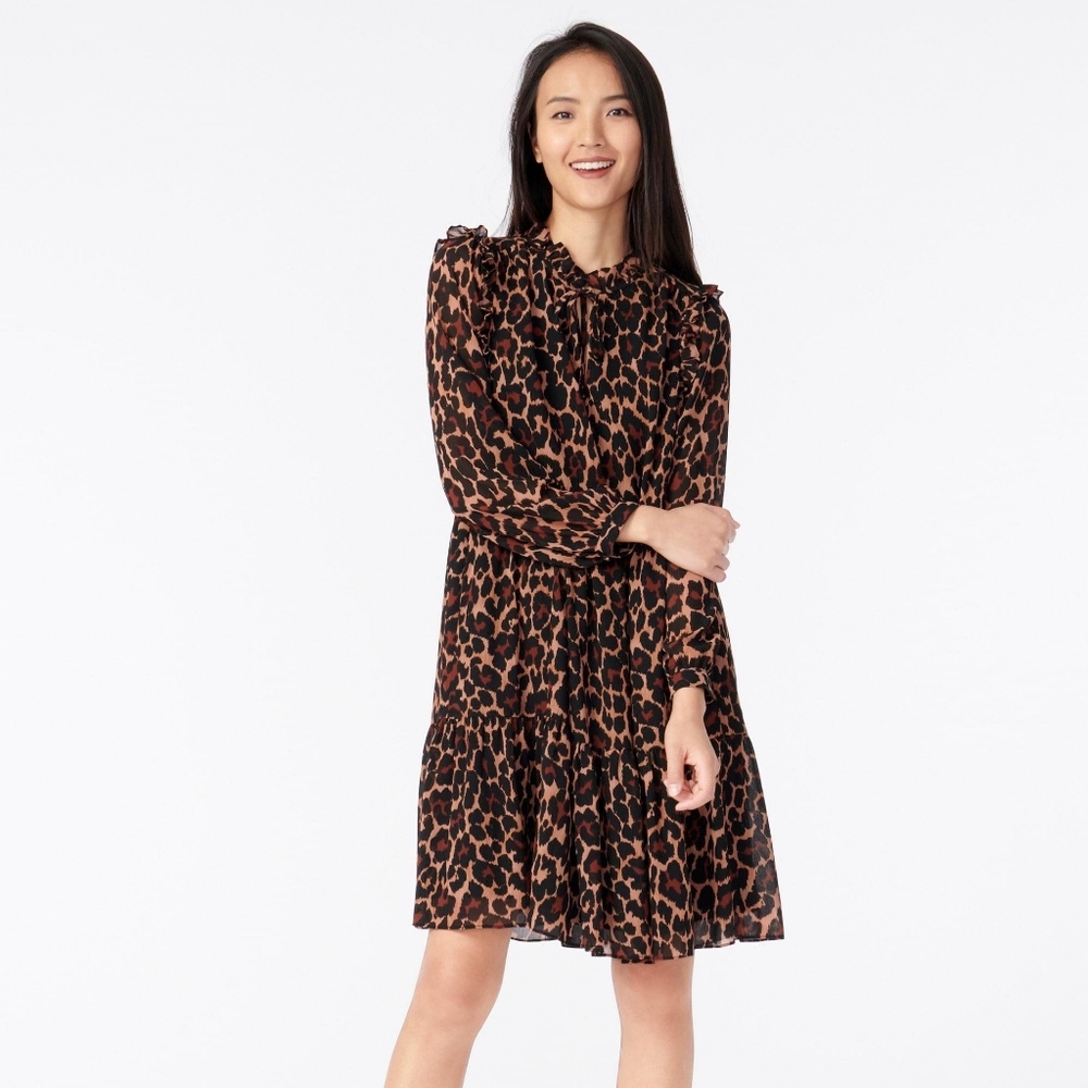 J Crew tiered dress in leopard crinkle chiffon